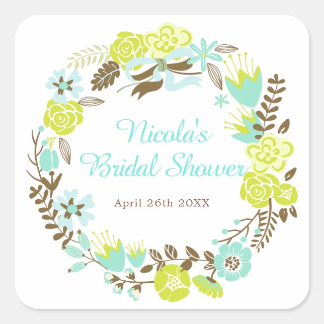 Green & Brown Floral Wreath Bridal Shower Quadratischer Aufkleber (Vorderseite)