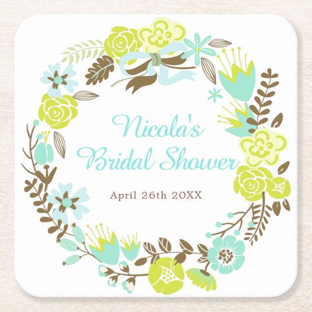 Green & Brown Floral Wreath Bridal Shower Rechteckiger Pappuntersetzer (Vorderseite)