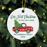 Green Brush Script Erste Weihnachtsfeier New Zuhau Keramik Ornament<br><div class="desc">Modern Brush Script Unsere ersten Weihnachten in unserem New Zuhause Ornament beinhaltet Watercolor Vintag Red Truck mit Weihnachtsbaum - Forest Green Script</div>