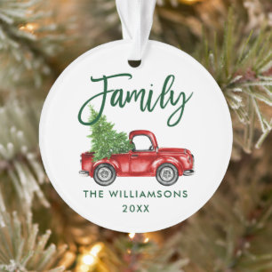 Green Brush Script Family Vintag Red Truck Ornament