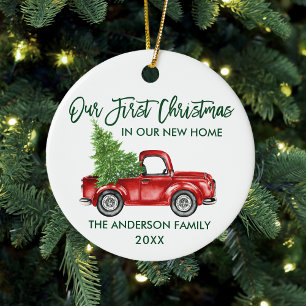 Green Brush Script First Christmas New Home Truck Keramik Ornament