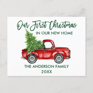 Green Brush Script First Christmas New Home Truck Postkarte