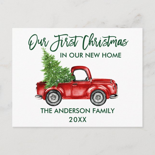 Green Brush Script First Christmas New Home Truck Postkarte (Vorderseite)