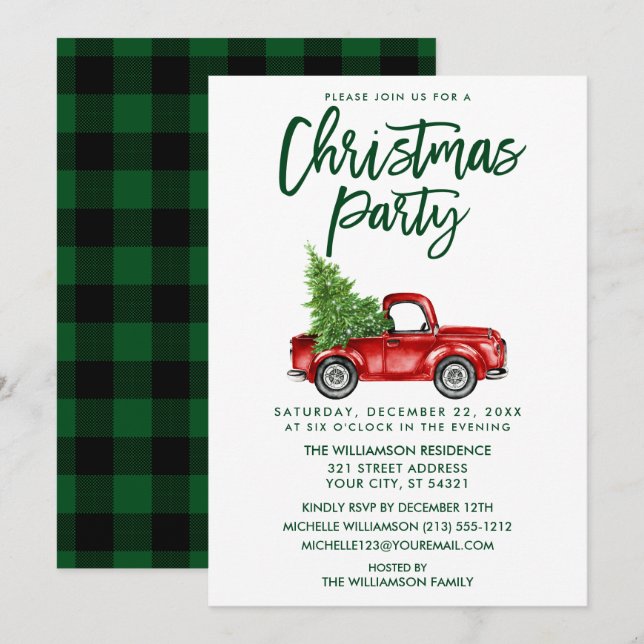 Green Brush Script Kariert Truck Weihnachts-Party Einladung (Vorne/Hinten)