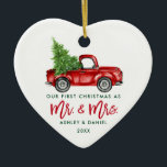 Green Brush Script Red Truck Erste Weihnachtsfeier Keramik Ornament<br><div class="desc">Modern Green Brush Script Unsere ersten Weihnachten als Mr. und Mrs. - Aquarellfarbener Vintager LKW-Ornament</div>