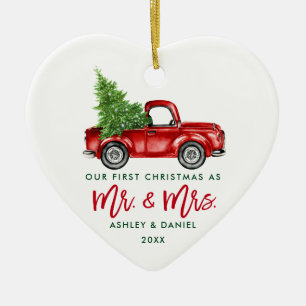 Green Brush Script Red Truck Erste Weihnachtsfeier Keramik Ornament