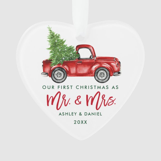 Green Brush Script Red Truck Erste Weihnachtsfeier Ornament (Vorderseite)