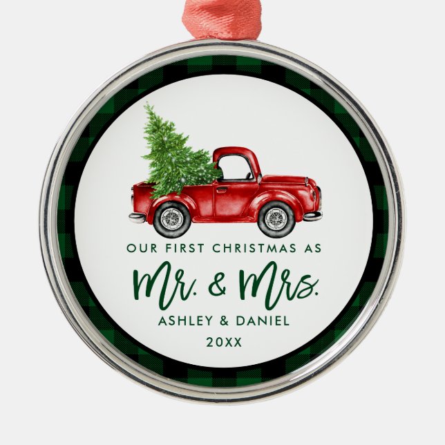 Green Brush Script Truck Erste Weihnachtsfeier Kar Ornament Aus Metall (Vorne)