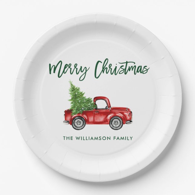 Green Brush Script Vintag Red Truck Weihnachten Pappteller (Vorderseite)