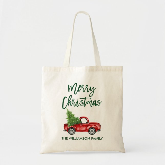 Green Brush Script Vintag Red Truck Weihnachten Tragetasche (Vorne)