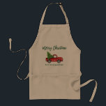 Green Brush Script Vintag Truck Christmas Khaki Schürze<br><div class="desc">Brush Script Wasserfarbe Vintag Red Truck mit Weihnachtsbaum Personalisierte Khaki Schürze</div>