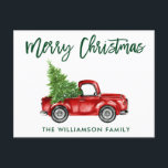 Green Brush Script Vintag Truck Weihnachten Postkarte<br><div class="desc">Brush Script Wasserfarbe Vintager Truck mit Weihnachtsbaum - Frohe Weihnachtspostkarte</div>