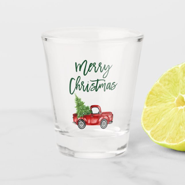 Green Brush Script Vintag Truck Weihnachten Schnapsglas (Vorderseite)