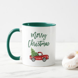 Green Brush Script Vintag Truck Weihnachtsbaum GR Tasse