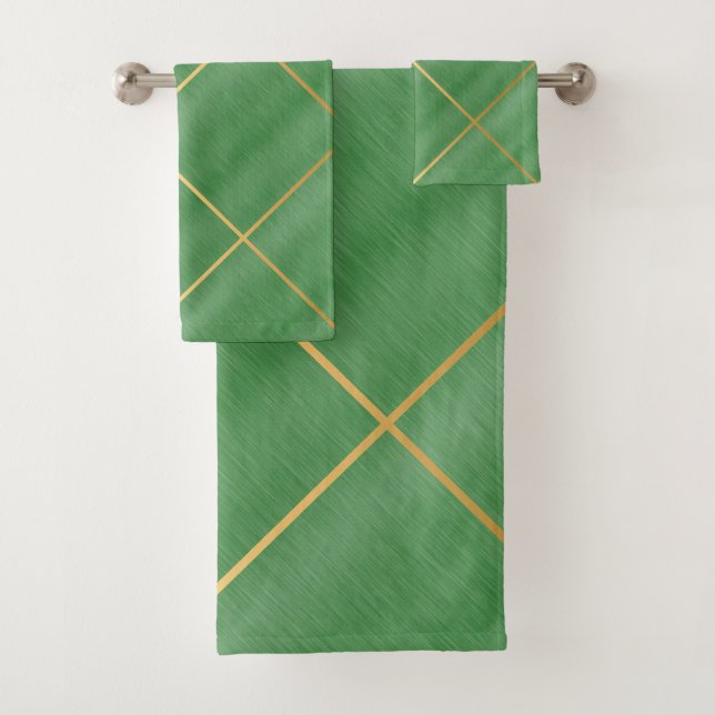 GREEN BRUSHED TEXTURE GOLD DESIGN BATH TOWEL SET (Insitu)