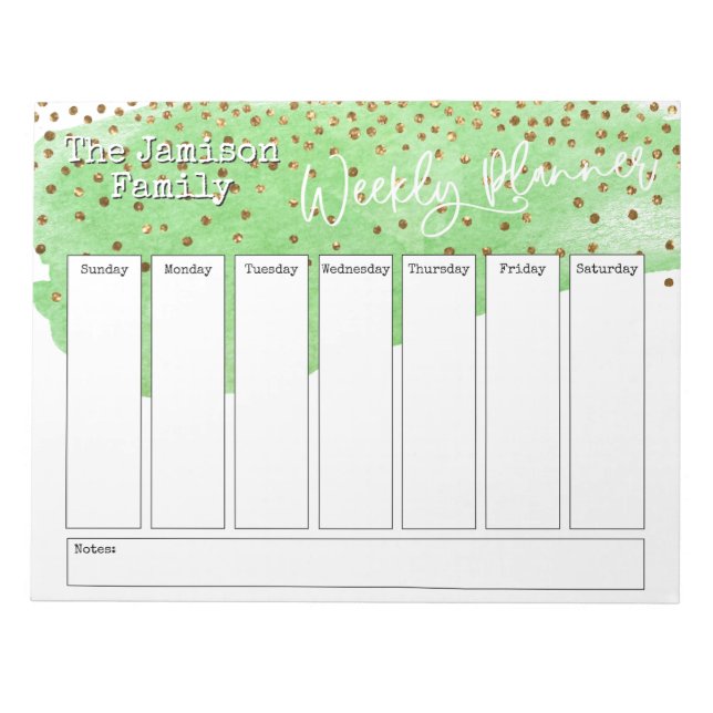Green Brushstroke Gold Confetti Weekly Planner Notizblock (Vorderseite)