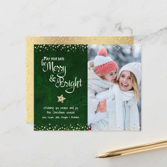 Green Budget Foto Days Merry Bright Script Card (Vorderseite/Rückseite Beispiel)
