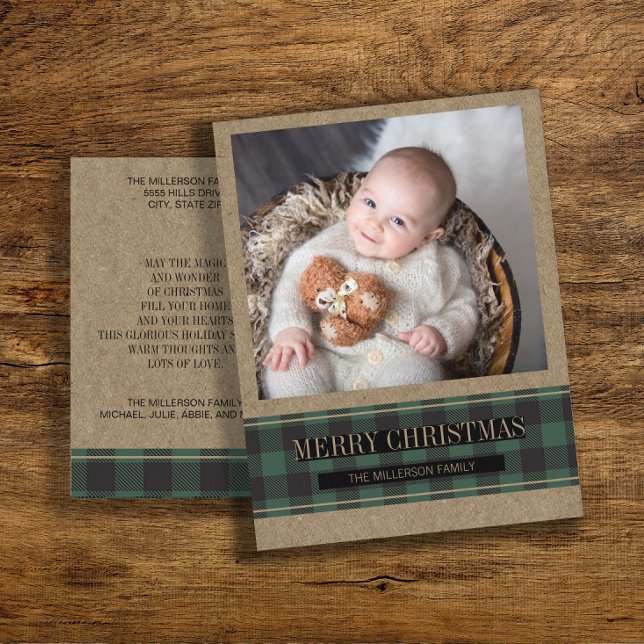 Green Buffalo Kariert auf Kraft Frohe Weihnachts-F Postkarte (Green buffalo plaid rustic Christmas photo greeting card)