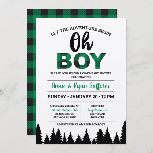 Green Buffalo Kariert Baby Dusche Einladung Oh Jun (Vorne/Hinten)