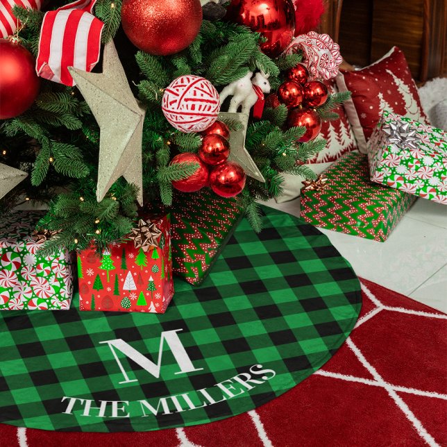 Green Buffalo Kariert Family Monogram Polyester Weihnachtsbaumdecke (Green Buffalo Plaid Family Monogram Brushed Polyester Tree Skirt)