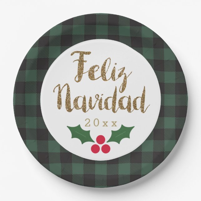 Green Buffalo Kariert Gold Feliz Navidad Pappteller (Vorderseite)