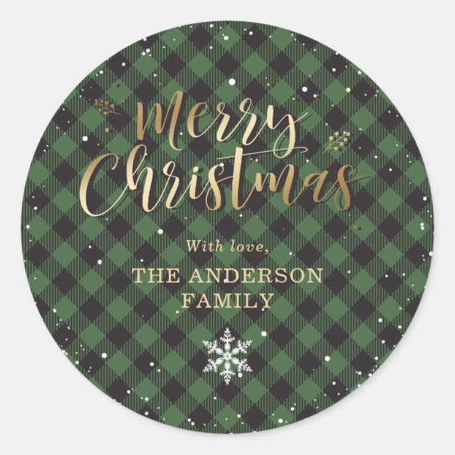 Green Buffalo Kariert Gold Snow Weihnachten Runder Aufkleber (Vorderseite)