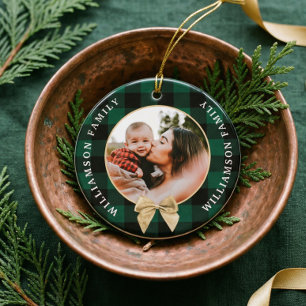 Green Buffalo Kariert Pattern Gold Bow Family Foto Keramik Ornament