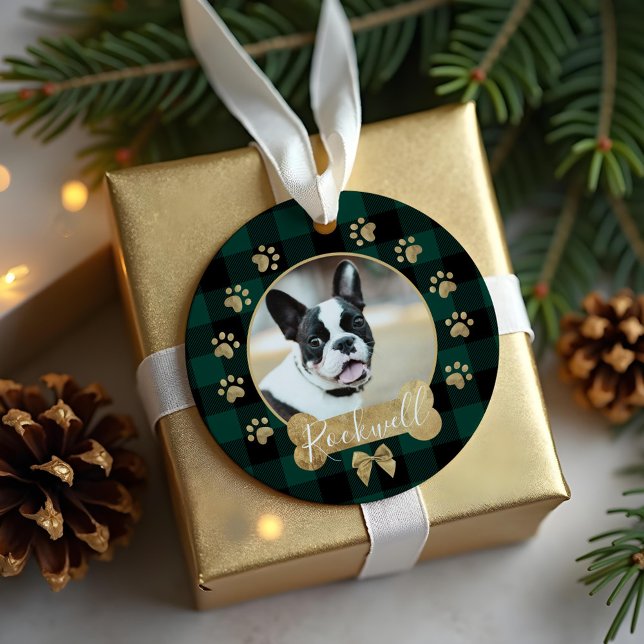 Green Buffalo Kariert Pattern Gold Bow Family Foto Ornament Aus Metall (Green Buffalo Plaid Pattern Gold Bow Family Photo Metal Ornament)