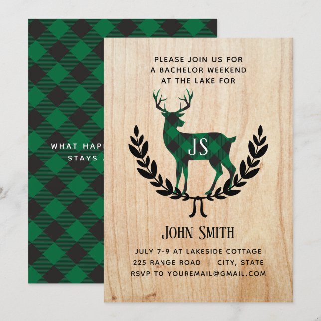 Green Buffalo Kariert Stag Monogram Bachelor Party Einladung (Vorne/Hinten)
