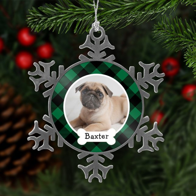 Green Buffalo Kariertes Puppy-Hund-Foto Schneeflocken Zinn-Ornament (Von Creator hochgeladen)