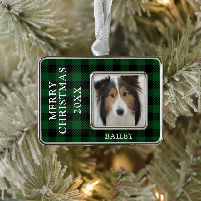 Green Buffalo Karo Dog Foto Personalisiert Rahmen-Ornament Silber (Baum)