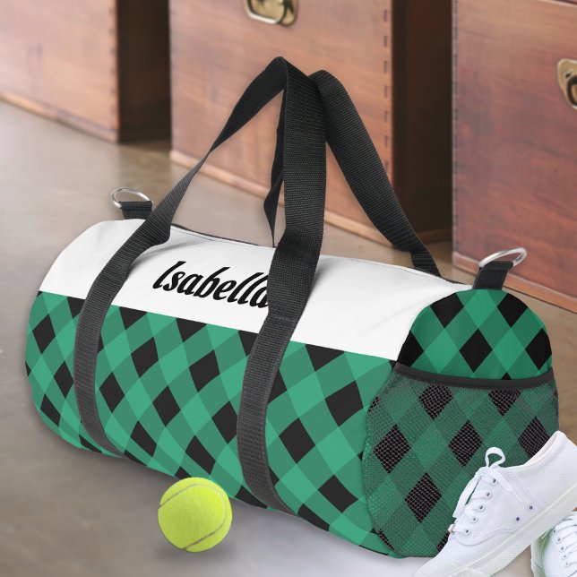 Green Buffalo Karo Pattern Personalisiert Duffle Bag (A stylish duffel bag with green buffalo plaid pattern, personalized with a name in modern typography)