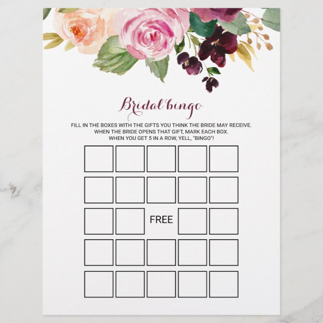 Green Burgundy Bridal Bingo, Brautparty Game (Vorderseite)