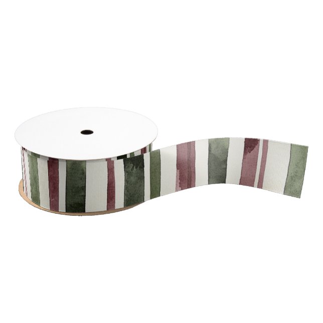 Green Burgundy Red Cream Stripes Christmas Ripsband (Spule)