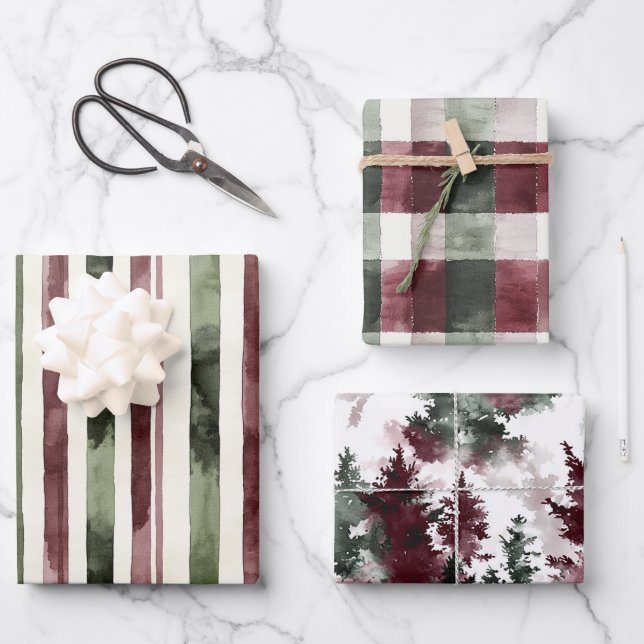 Green Burgundy Stripes Weihnachten Geschenkpapier Set (Vorderseite)