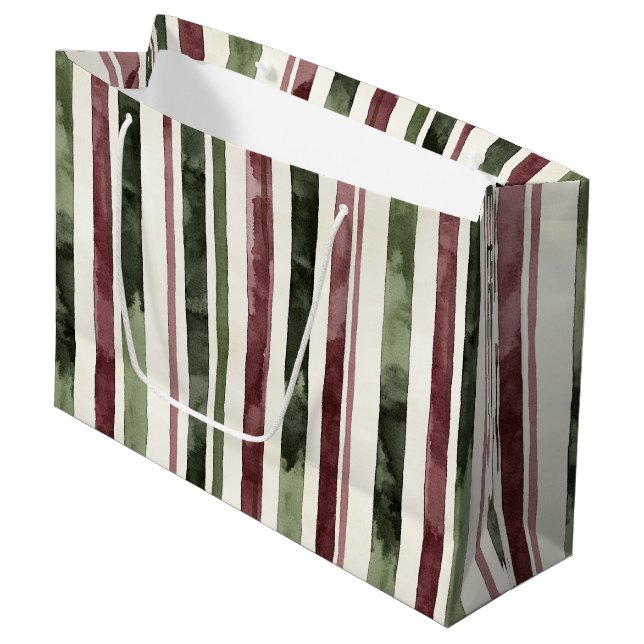 Green Burgundy Stripes Weihnachten Große Geschenktüte (Vorderseite Schrägansicht)