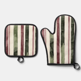 Green Burgundy Stripes Weihnachten Ofenhandschuh & Topflappen-Set