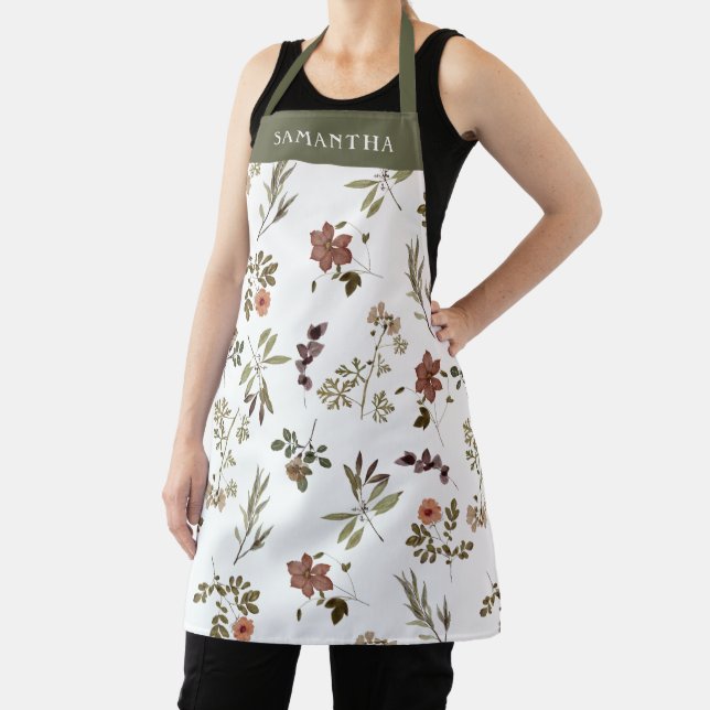 Green Burgundy Wildflower Custom Name Apron  Schürze (InSitu)