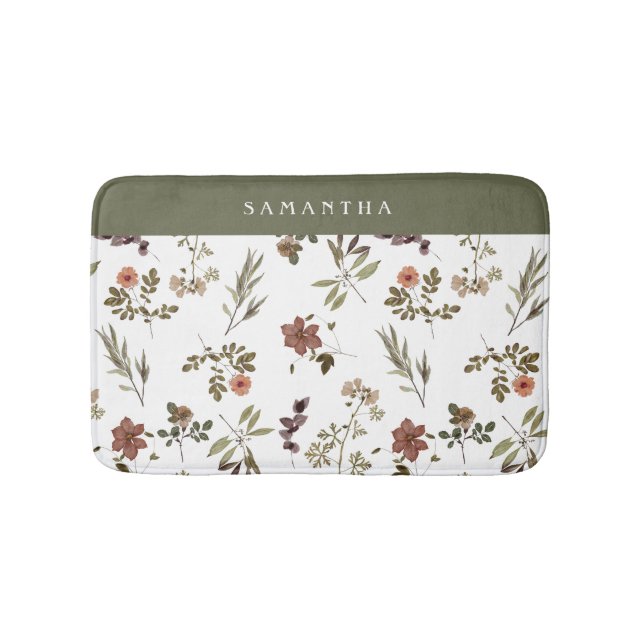 Green Burgundy Wildflower Monogram Name Badematte (Vorderseite)