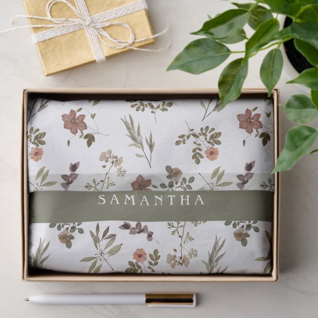 Green Burgundy Wildflower Monogram Name Seidenpapier (Geschenk)