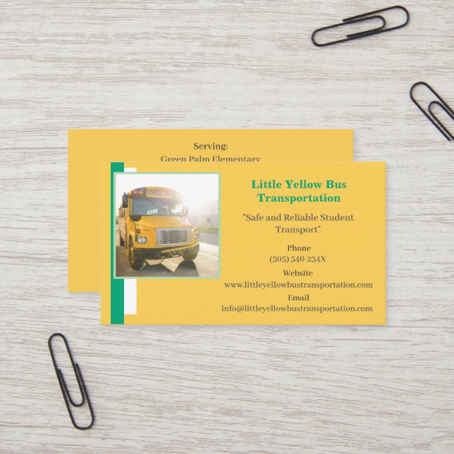 Green Bus Driver Yellow School Bus Business Card Visitenkarte (Vorderseite/Rückseite Beispiel)