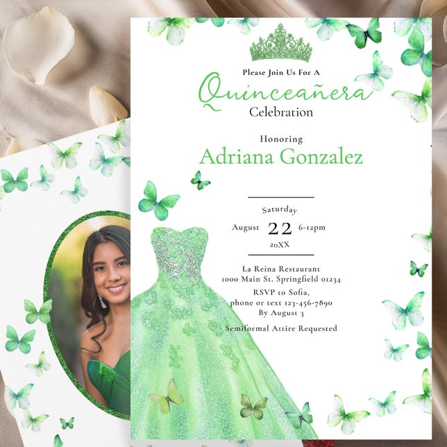 Green Butterflies Dress Tiara Photo Quinceanera Einladung (Von Creator hochgeladen)