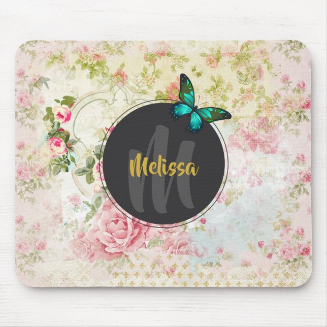Green Butterfly auf der Vintagen Collage Monogram Mousepad (Vorne)