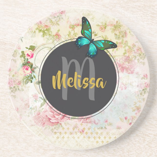 Green Butterfly auf der Vintagen Collage Monogram Untersetzer (Vorne)