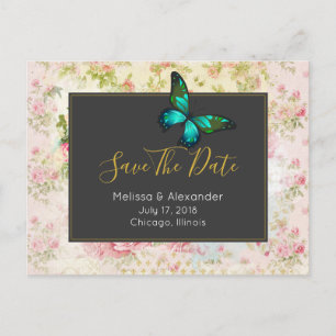Green Butterfly Chic Vintager Stil Save the Date Ankündigungspostkarte