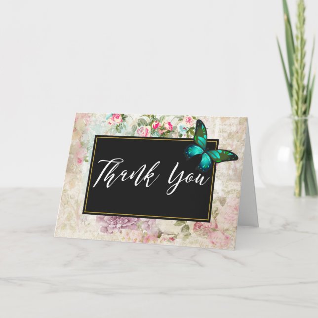 Green Butterfly on Chic Vintag Collage Danke (Vorderseite)