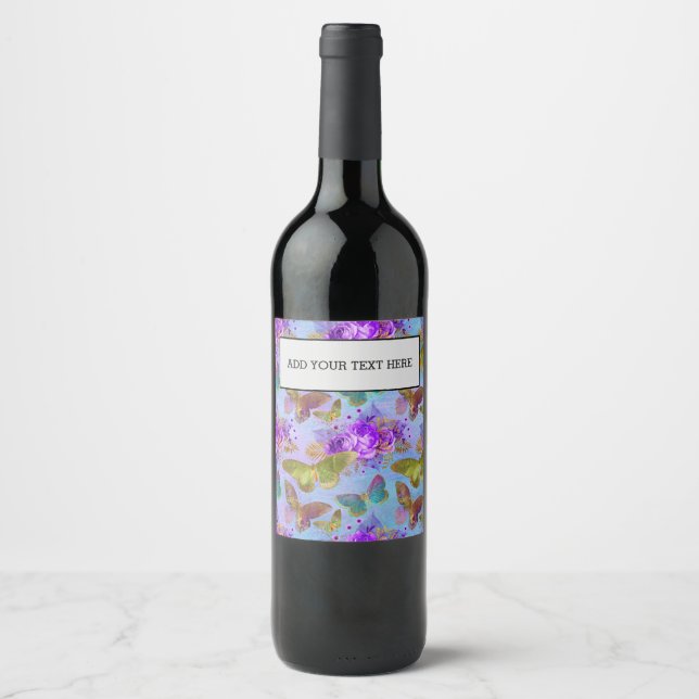 Green Butterfly Purple Rose Garden Pattern Weinetikett (Vorderseite)