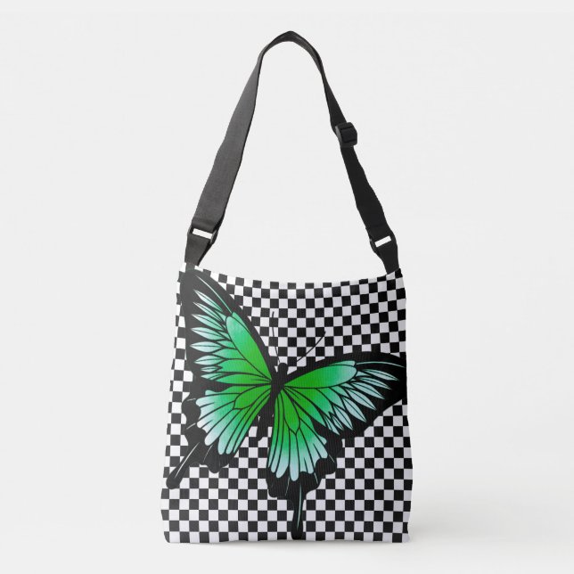 Green Butterfly Schachbrett Crosskörper Totbeutel Tragetaschen Mit Langen Trägern (Vorderseite)