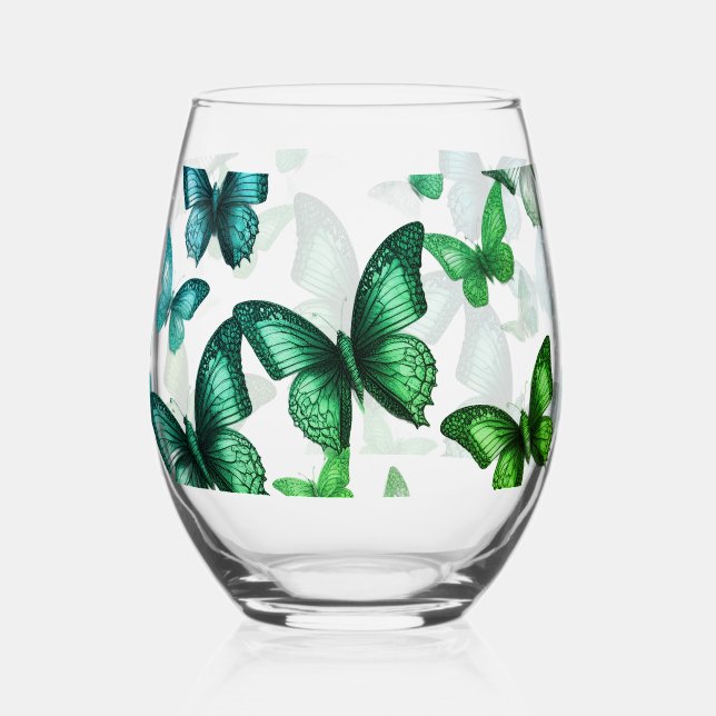 Green Butterfly  Stemless Wine Glass Weinglas Ohne Stiel (Vorderseite)