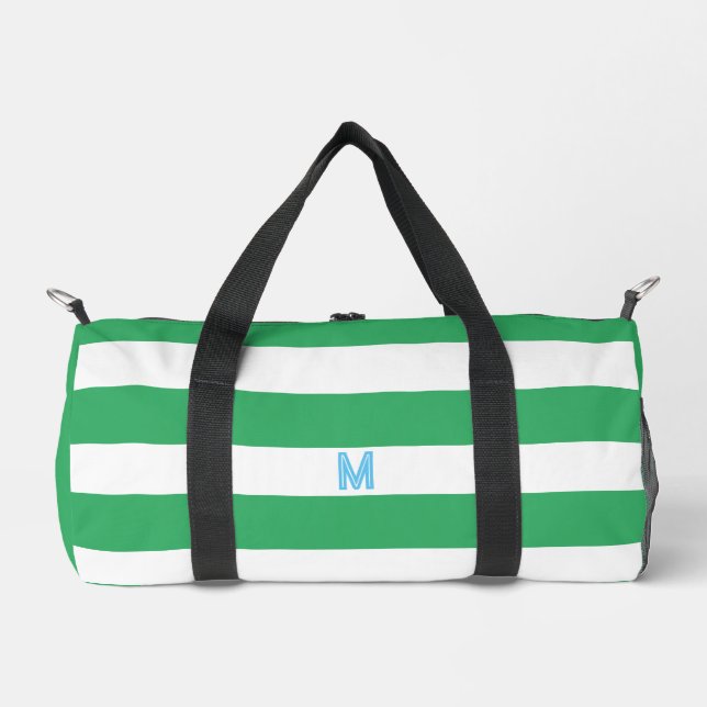 Green Cabana Strip & Personalisiert Blue Monogram Duffle Bag (Vorderseite)
